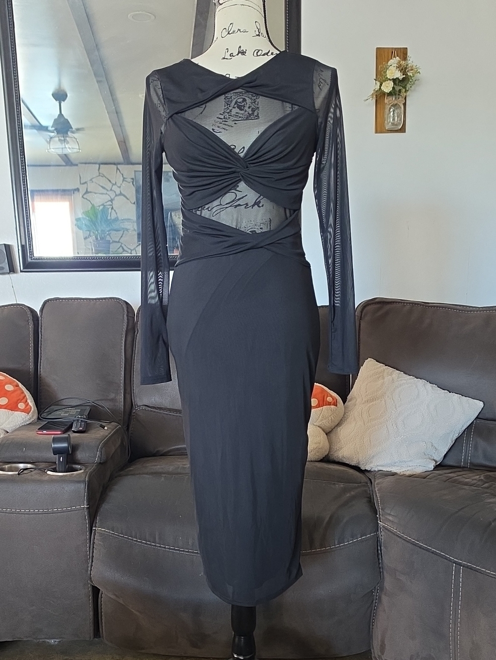 Black Sheer Long-Sleeve Twist Front Midi Dress